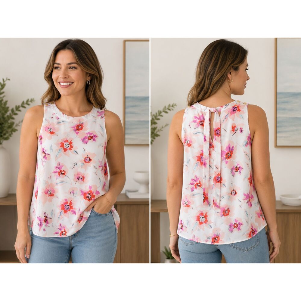 Banana Republic Size S White Pink Floral Sleeveless Lined Shell Blouse Top #3